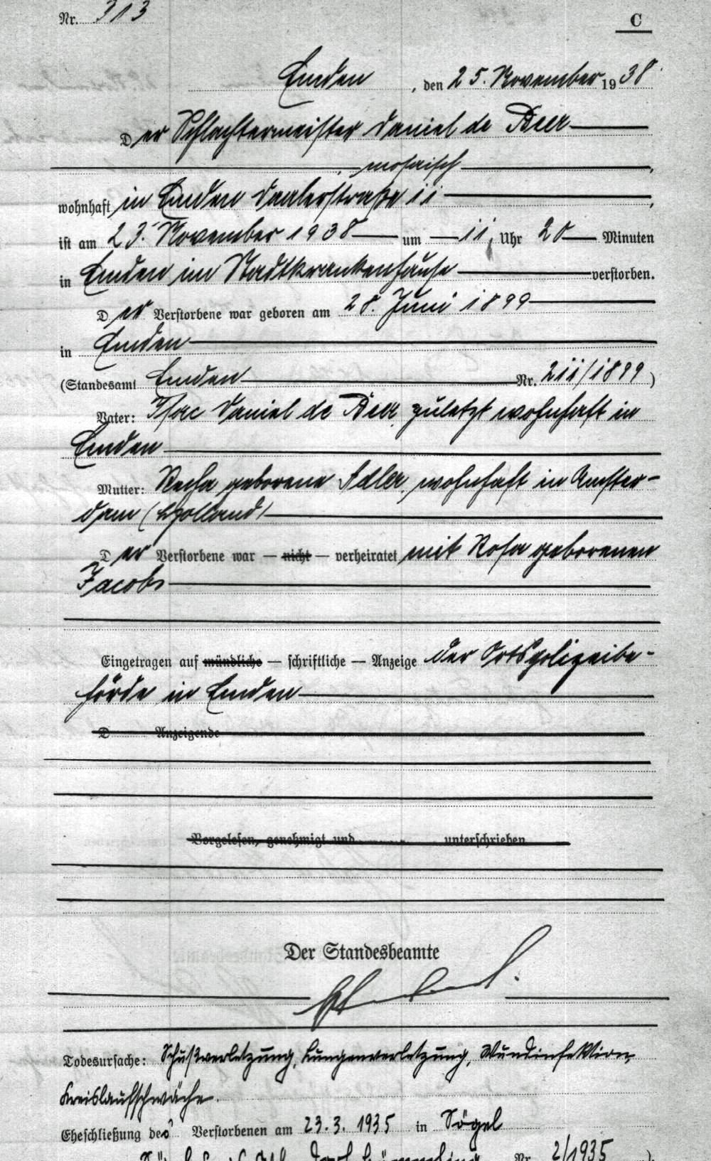 Sterberegistereintrag Daniel de Beer